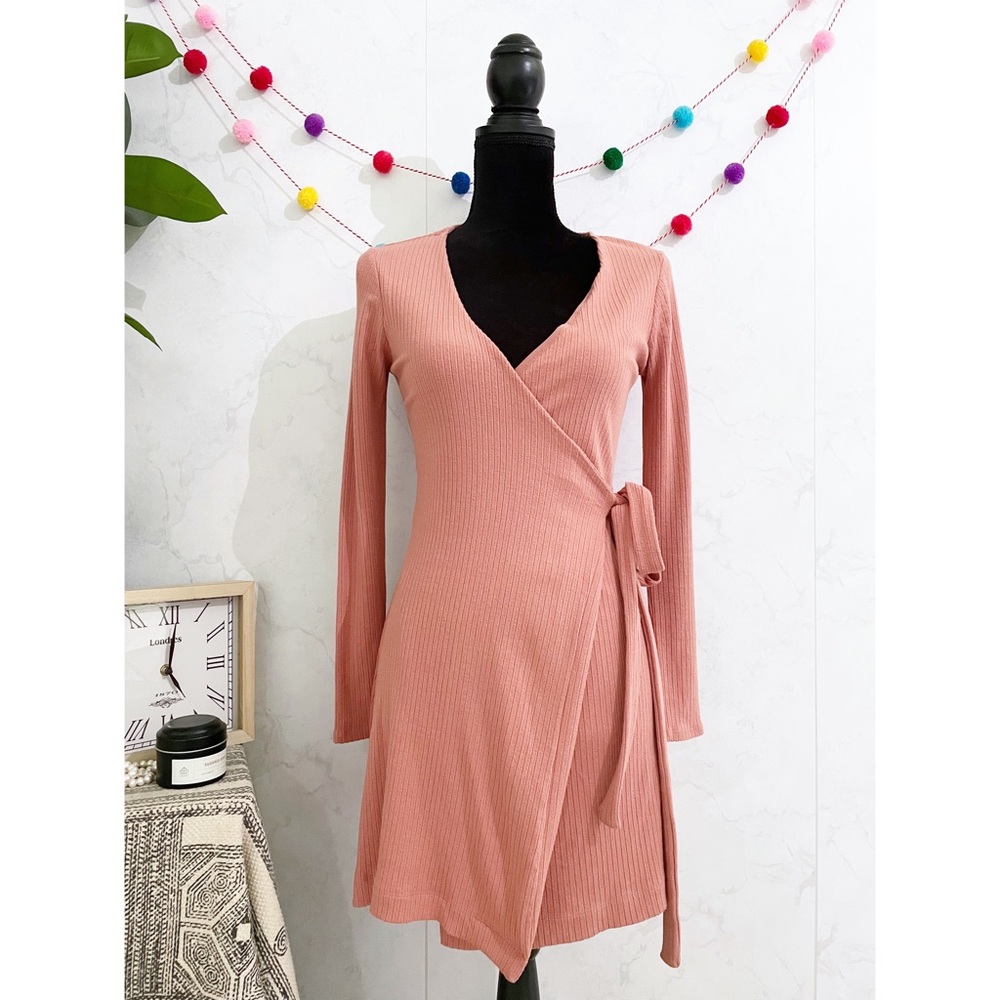 Urban Outfitters Dusty Pink Ribbed Wrap Dress